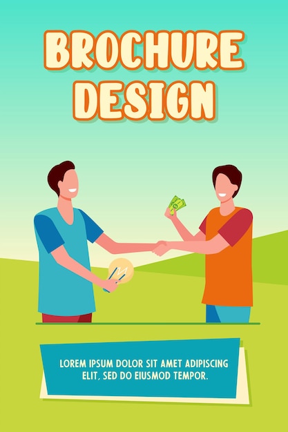 Man investing money in startup. partners, lightbulb, cash, handshake flat vector illustration