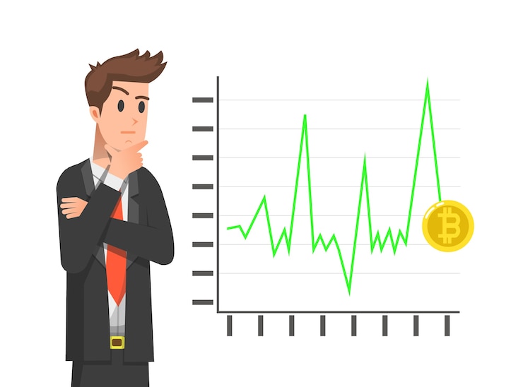 Vector a man is analyzing the movement of bitcoin