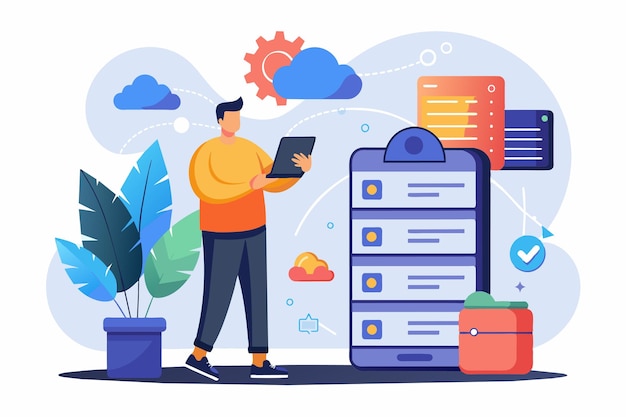 a man is backing up his database using a mobile phone while surrounded by digital cloud elements man backing up database with cloud on mobile phone