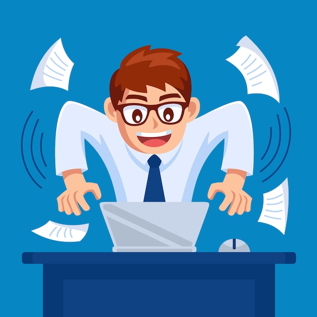 Man is busy working with laptop flat design illustration