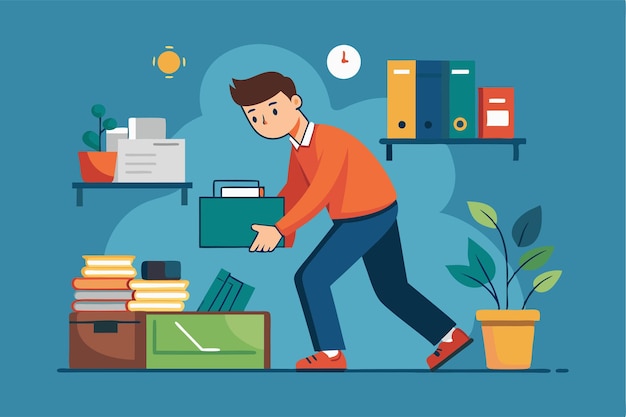 The man is carefully saving files and organizing office materials in a neat workspace A man is saving files simple drawing