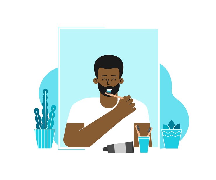 Vector man is cleaning teeth by toothbrushes, paste. guy stands in front of mirror, smiles