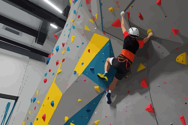 Vettore un uomo sta arrampicandosi su una parete di arrampicata con una camicia rossa