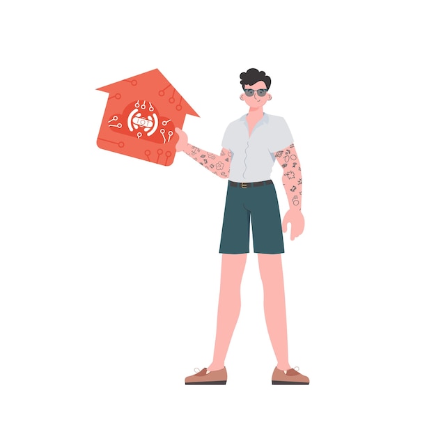 Vector the man is depicted in full growth holding the icon of the house in his hands iot and automation concept vector illustration in flat style