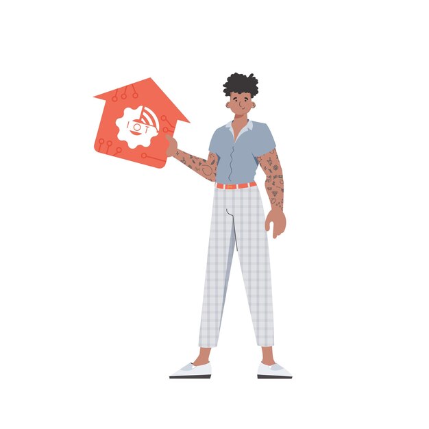 The man is depicted in full growth holding the icon of the house in his hands IOT and automation concept Vector illustration in trendy flat style