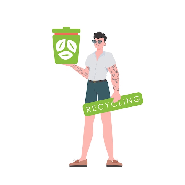 Vector the man is depicted in full growth and holds a trash can in his hand the concept of ecology and recycling isolated on white background vector illustration flat trendy style