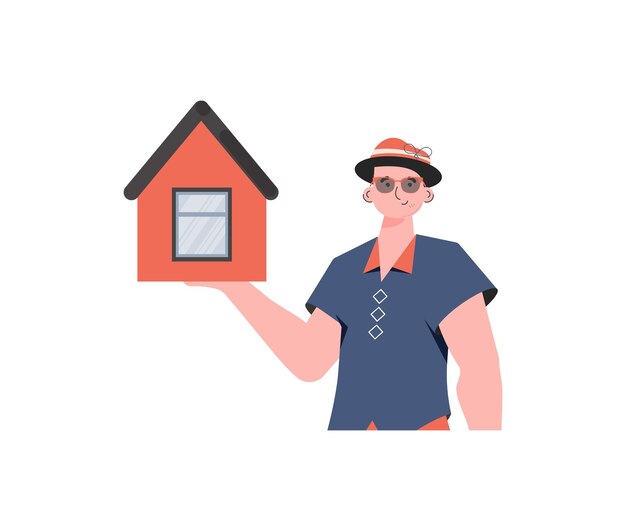 Мужчина изображен по пояс, держа в руках дом. Продажа дома или недвижимости. Изолированная векторная иллюстрация.