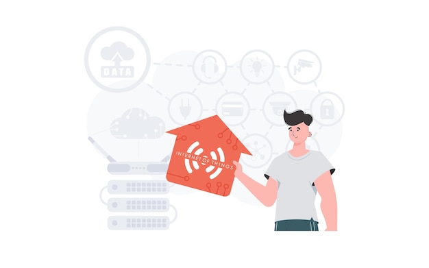 The man is depicted waistdeep holding an icon of a house in his hands Internet of things concept Good for presentations Vector illustration in trendy flat style