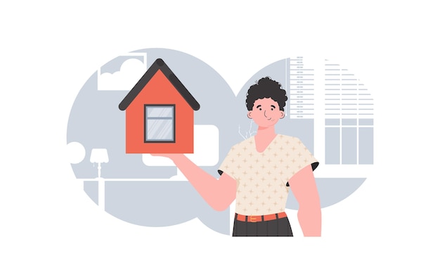 Мужчина изображен по пояс, держа в руках небольшой дом. Концепция продажи дома в модном стиле. Векторная иллюстрация.