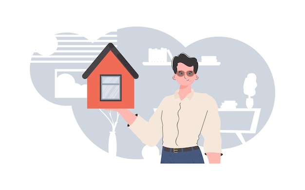 The man is depicted waistdeep holding a small house in his hands Real estate sale concept trendy style Vector illustration