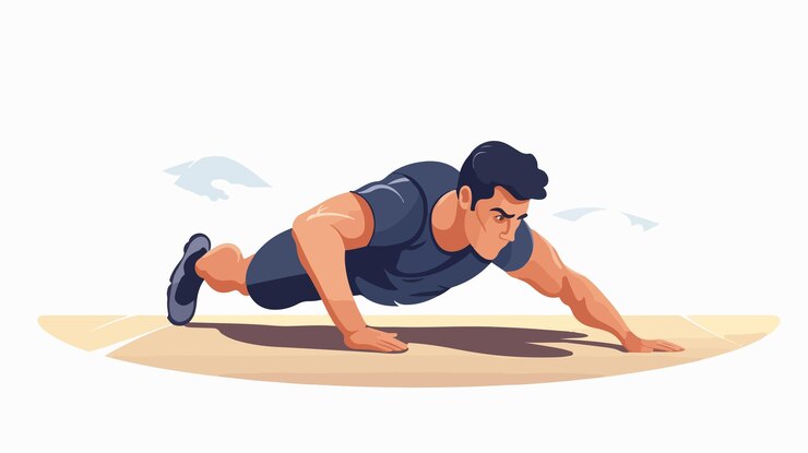 Vector a man is doing push ups on a board with mountains in the background