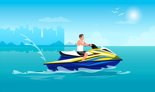 Vector man is driving on water bike at sea resort cityscape with horizon and sun in the background concept of entertainment and recreation vector graphic illustration