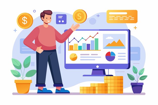 a man is enthusiastically pointing at a computer screen displaying various graphs and data visuals flat illustration of a man pointing at a computer screen with graphs and coins