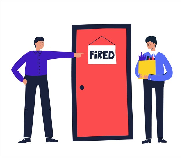 Man is fired by his boss. hand drawn vector illustration. job loss concept.