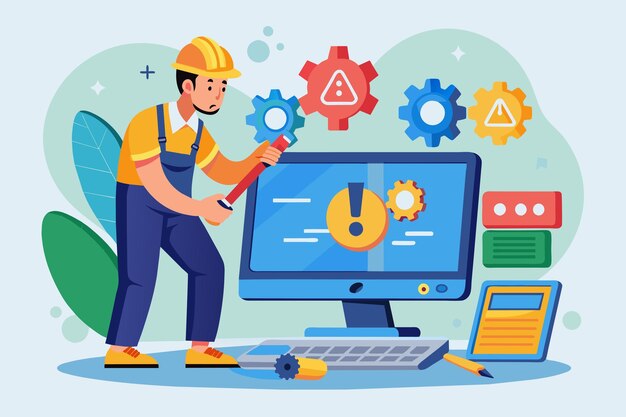 404ページが見つからなかったエラーを表示するコンピューターを修理している男性レンチキーを使用してコンピューターエラーを修理する人ページが見つからないフラットイラスト