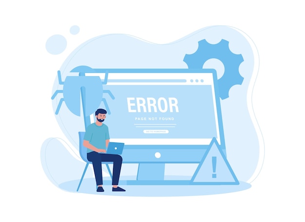Vettore l'uomo sta riparando un computer su cui è presente malware illustrazione piatta del concetto di tendenza