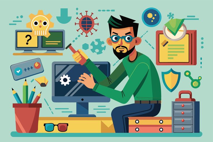 Вектор человек сосредоточен на ремонте компьютера, который имеет проблемы с вредоносными программами в ярком рабочем пространстве, заполненном техническими инструментами человек ремонтирует компьютер, на котором есть вредоносные программы
