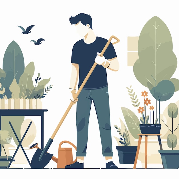 Vector a man is gardening in a flat design style