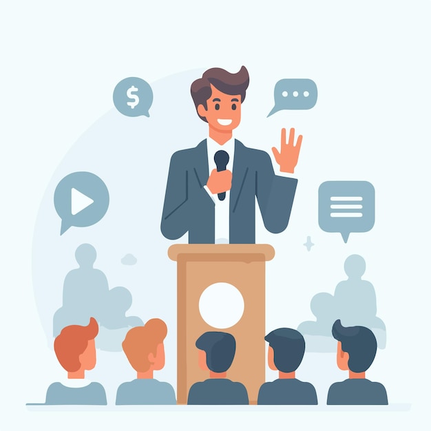 A man is giving a speech in a simple flat design style