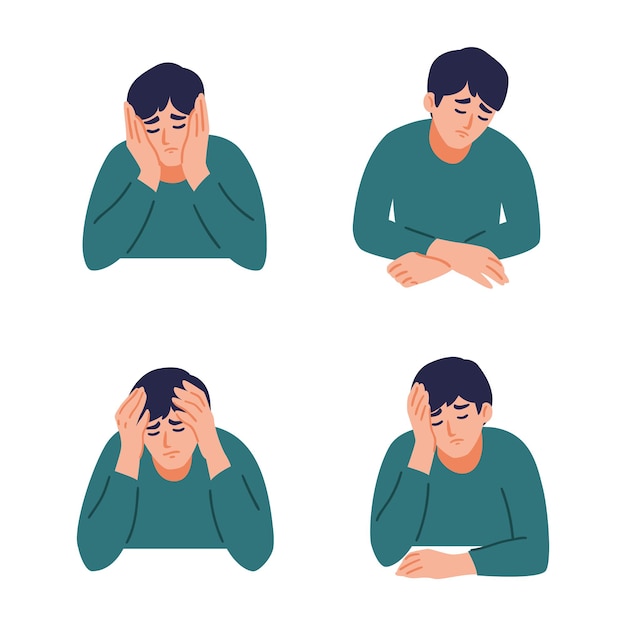 Vector man is having a headache. boy feels anxiety and depression. psychological health set concept.