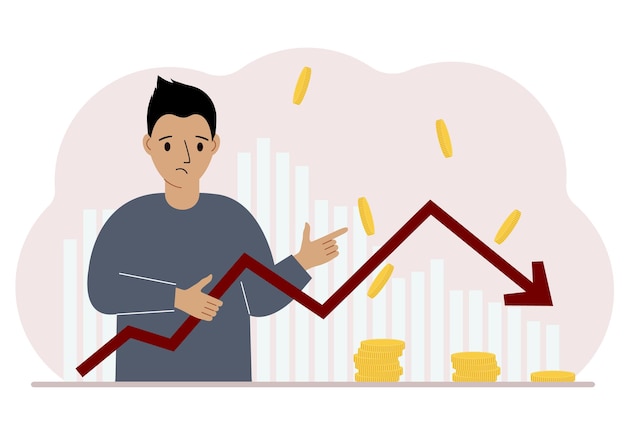 그 남자는 회사 관리의 비즈니스 문제 또는 비즈니스 수입 감소의 개념을 가리키는 화살표를 들고 있습니다.