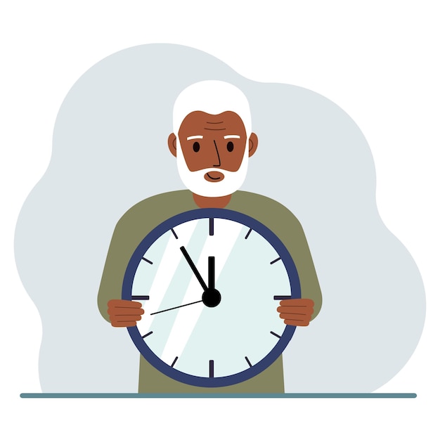 L'uomo è in possesso di un grande orologio nelle sue mani gestione del tempo organizzazione pianificazione dell'orario di lavoro scadenza aziendale effettiva