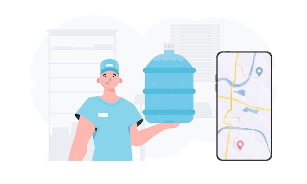 A man is holding a bottle of water delivery concept cartoon style character is depicted to the waist vector