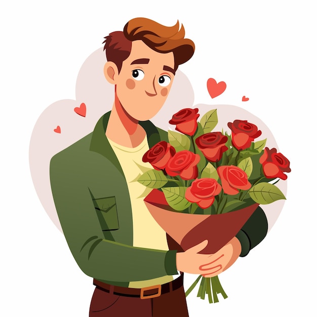 A man is holding a bouquet of red roses He is smiling and looking at the camera