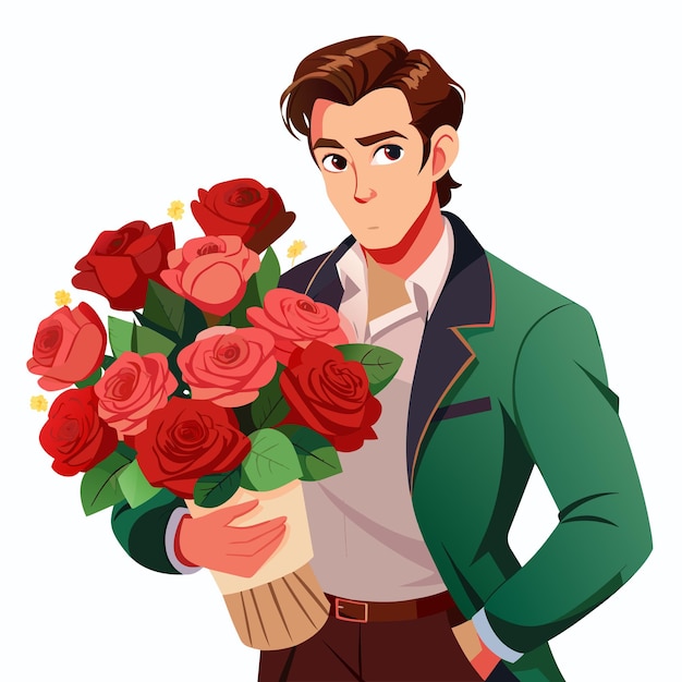 Vector a man is holding a bouquet of red roses he is smiling and looking at the camera