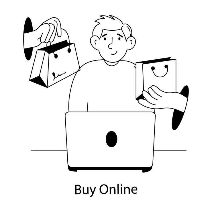 Vector a man is holding a box with the words buy online on it