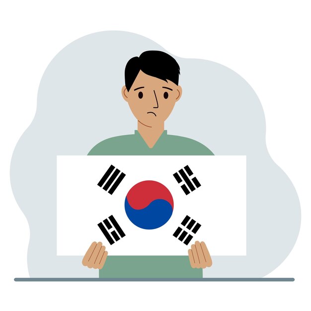 Vettore un uomo tiene in mano la bandiera della corea del sud il concetto di dimostrazione della festa nazionale dell'indipendenza o del patriottismo nazionalità