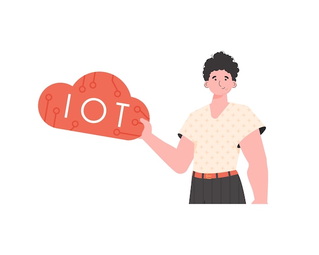 Мужчина держит в руках значок IoT Интернет вещей и концепция автоматизации Изолированный Модный плоский стиль Векторная иллюстрация