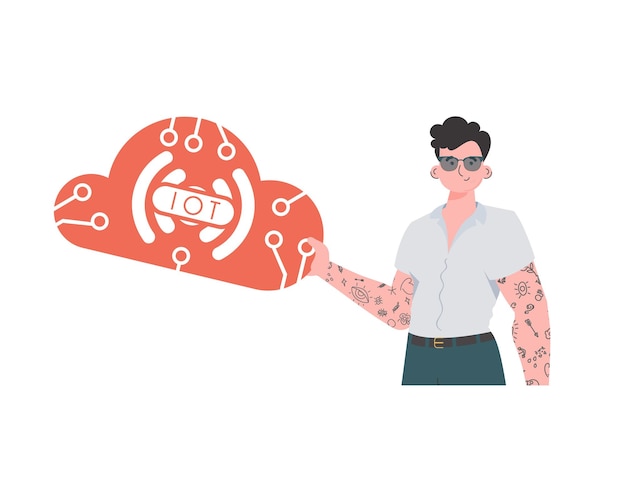 Vector a man is holding an iot icon in his hands internet of things concept isolated vector