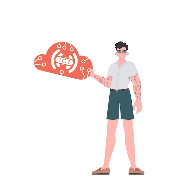 A man is holding an IoT icon in his hands IOT and automation concept Isolated Vector illustration in flat style