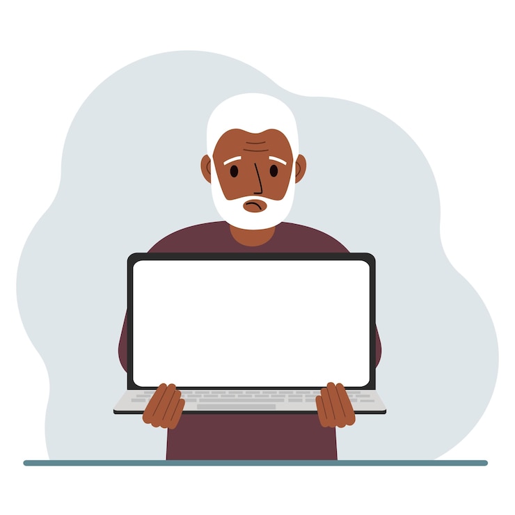 Vector the man is holding a laptop with the screen facing away from him on the screen of the laptop there is a place for text laptop computer technology concept online education online work
