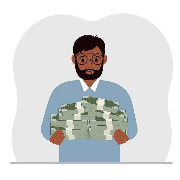 A man is holding a large pile of paper money