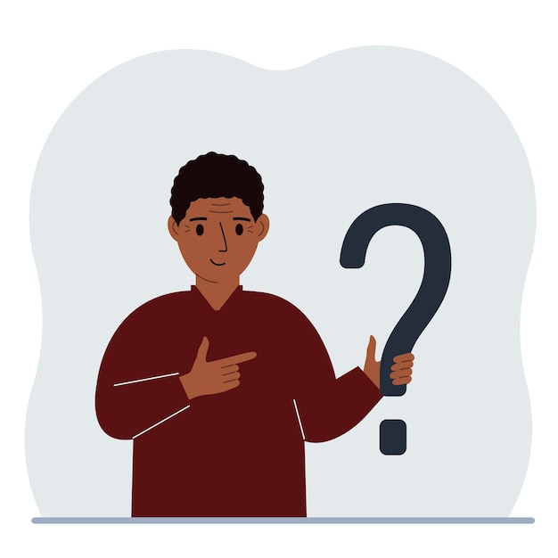 A man is holding a question mark symbol ask questions and look for answers faq or frequently asked questions concept online support center