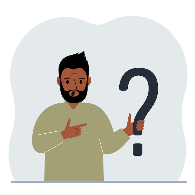 Vector a man is holding a question mark symbol ask questions and look for answers faq or frequently asked questions concept online support center