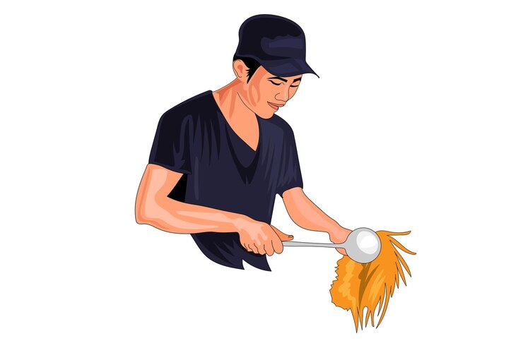 Vector a man is holding a spoon with a straw.