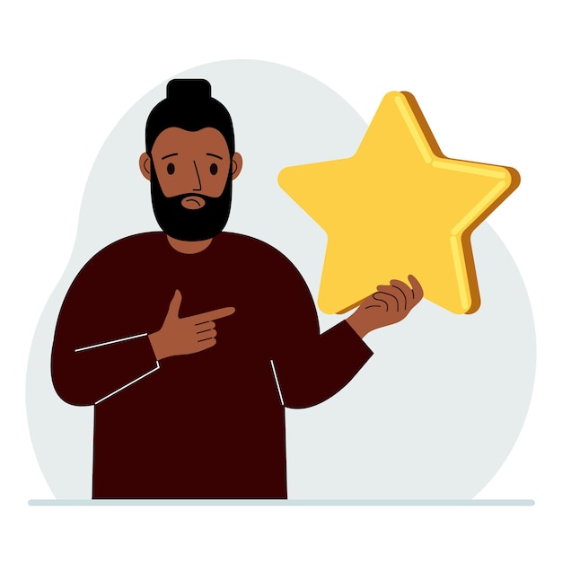 The man is holding a star Service rating or positive user rating Consumer review of the product Feedback