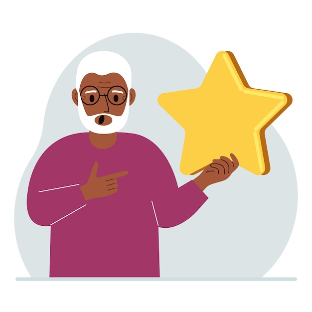 The man is holding a star service rating or positive user rating consumer review of the product feedback