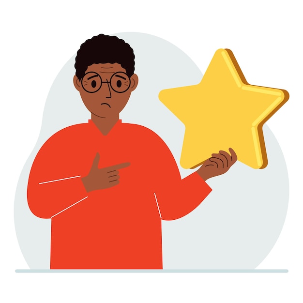 Vector the man is holding a star service rating or positive user rating consumer review of the product feedback