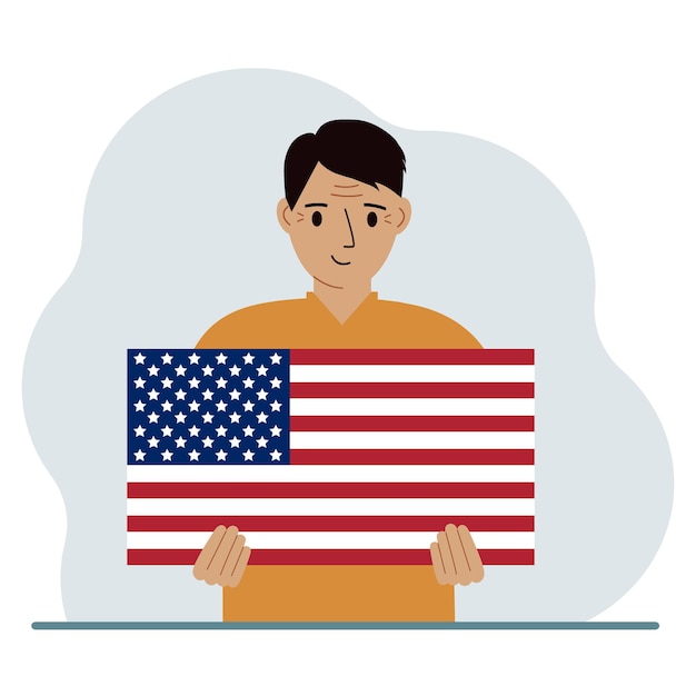 Vector a man is holding a us flag the concept of demonstration national holiday independence day or patriotism nationality