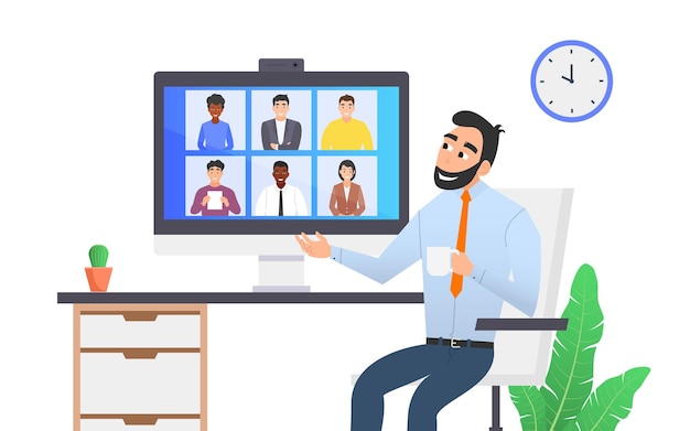 A man is holding a video conference with his colleagues. remote work, communication via the internet. flat vector cartoon illustration.