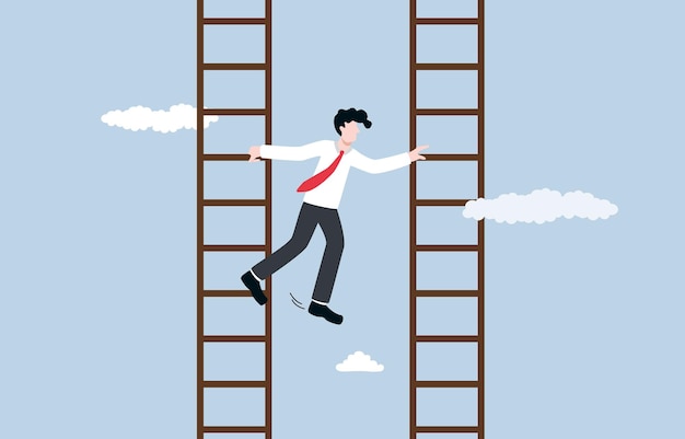 A man is jumping on a ladder and he is wearing a tie and is going up to the ladder.