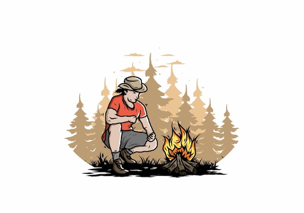 A man is lighting a bonfire illustration