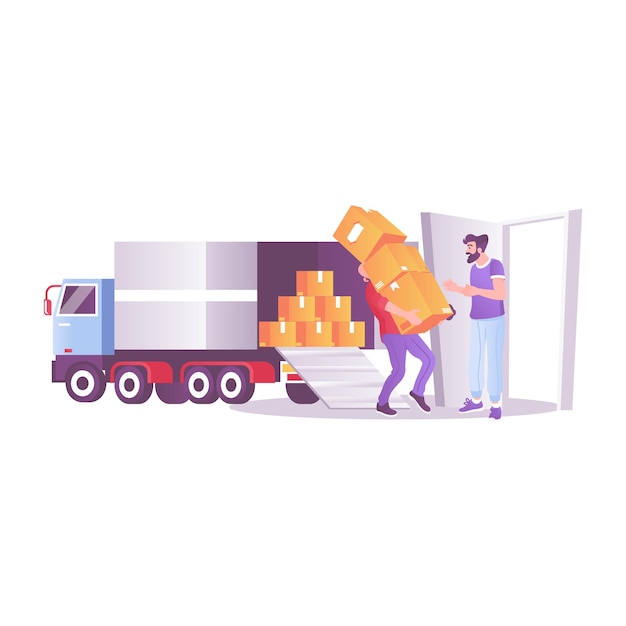 男が箱の荷物でトラックをロードしている