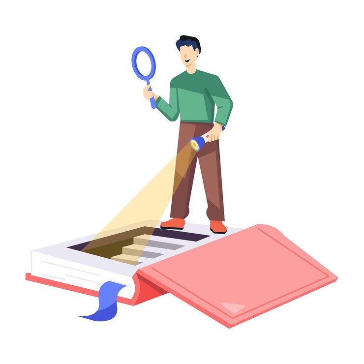 Vector a man is looking at a book with a magnifying glass