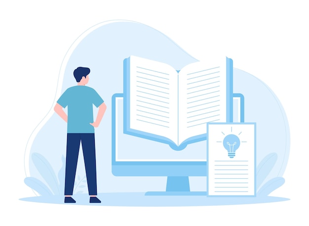 Vector a man is looking for an idea in a book concept flat illustration