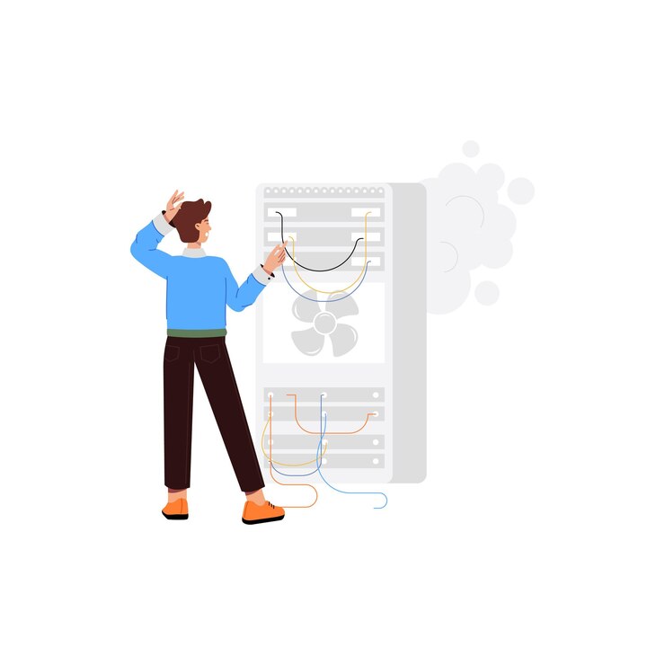 Vector a man is looking at a large white machine with the word  t  on it